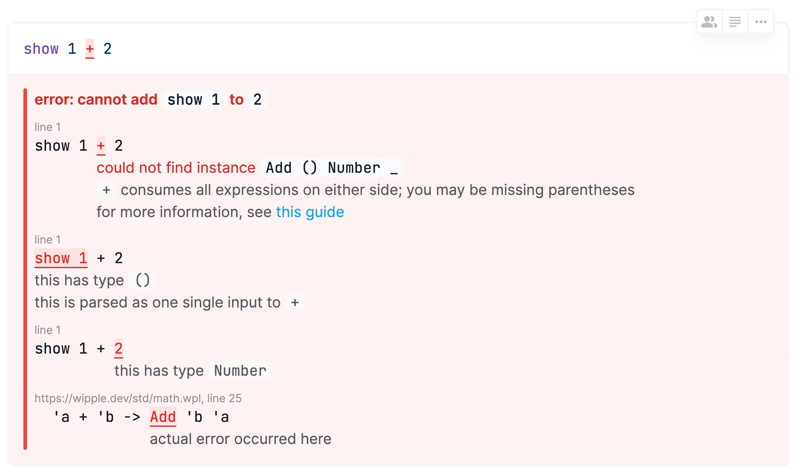 Screenshot of the Wipple Playground reporting errors